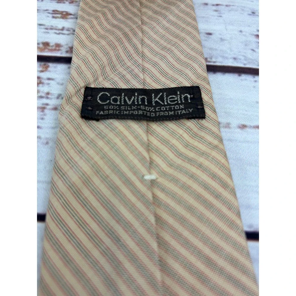VTG Calvin Klein Mens Tie Tan Red Green Striped Silk Cotton Blend Italian Fabric